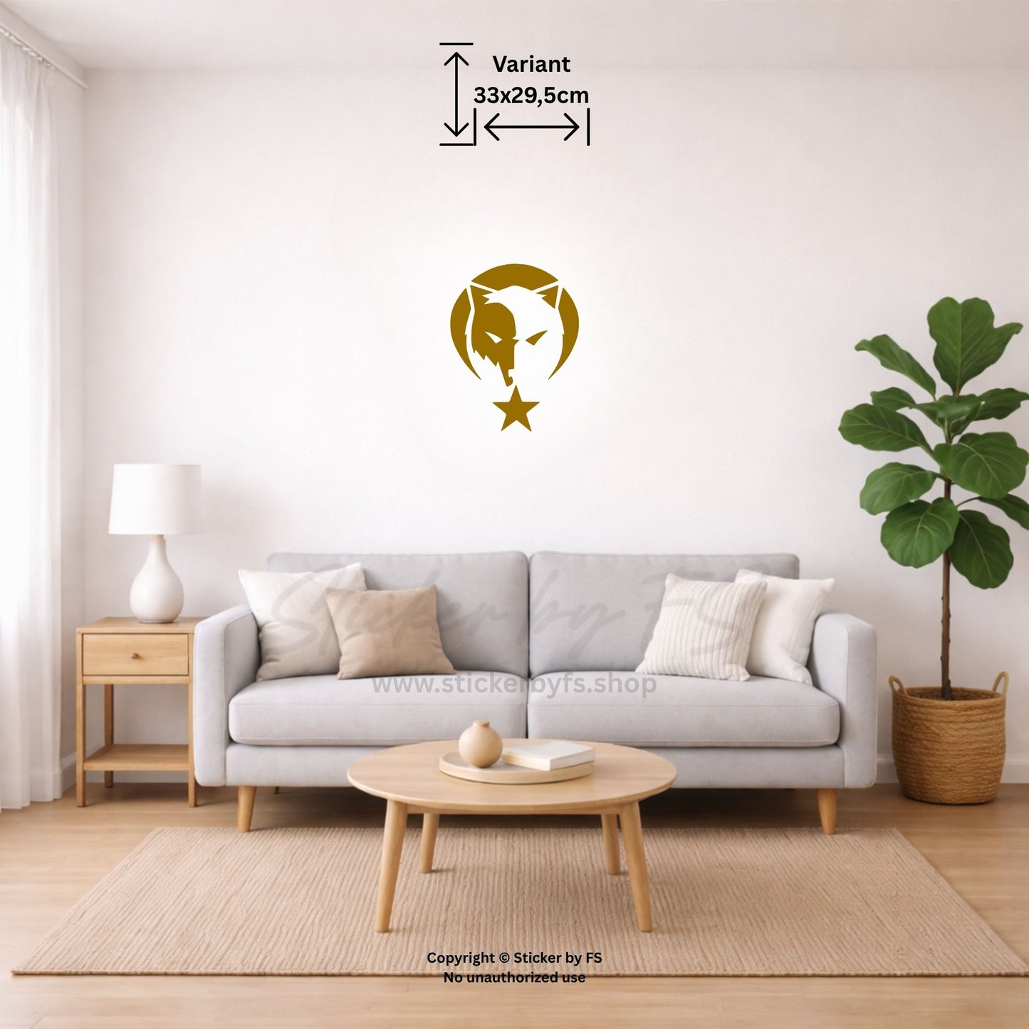 Ay Yildiz Bozkurt Wandtattoo in Gold als markantes Motiv über dem Sofa im modernen Wohnzimmer – türkischer Wandsticker mit Bozkurt, Halbmond und Stern für stilvolle Wanddeko