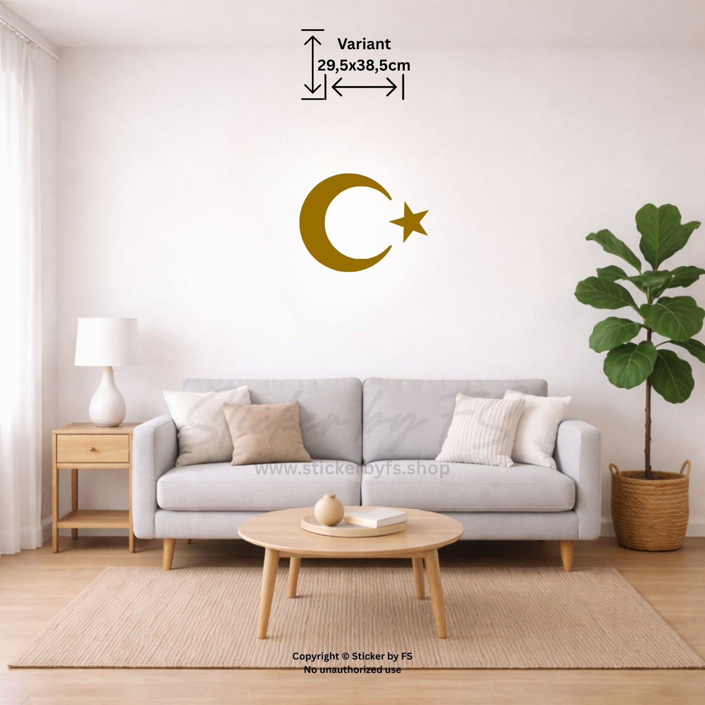 Ay Yildiz Wandtattoo in Gold als großes Halbmond-Stern Motiv über dem Sofa im modernen Wohnzimmer – türkischer Wandsticker für stilvolle Wanddeko im Wohnbereich