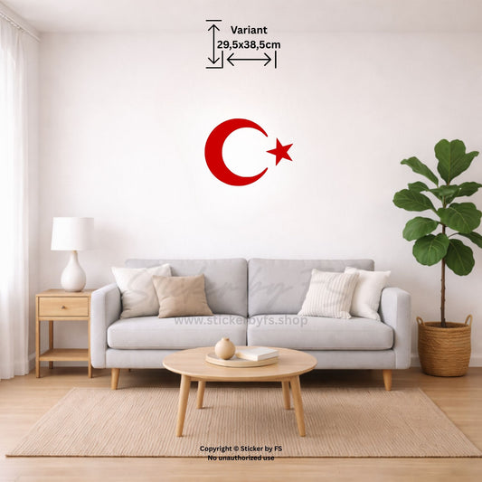 Rotes Ay Yildiz Wandtattoo an heller Wohnzimmerwand im kleinen Raum-Mockup – dekorativer türkischer Wandaufkleber mit Halbmond und Stern für auffällige Innendekoration