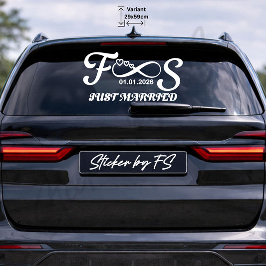 Personalisierter Hochzeitssticker für Auto Heckscheibe mit Initialen, Unendlichkeitszeichen und Just Married Schriftzug