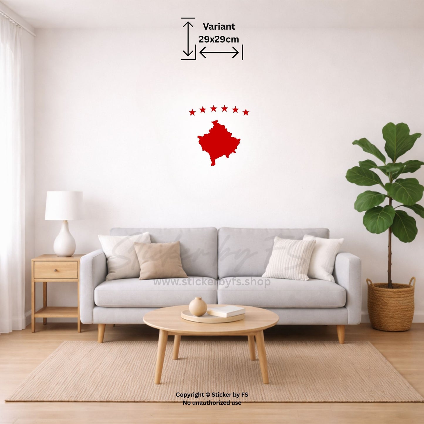 Rotes Kosovo Wandtattoo auf weißer Wand im Wohnzimmer – dekorativer Wandaufkleber für modernes Zuhause