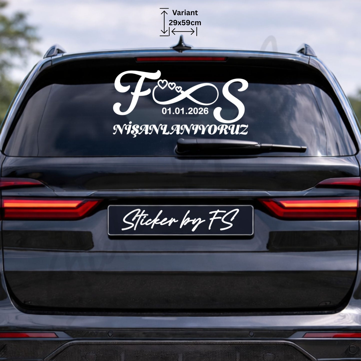 Personalisierter Verlobungssticker für Auto Heckscheibe mit Initialen, Unendlichkeitszeichen und Nişanlanıyoruz Schriftzug