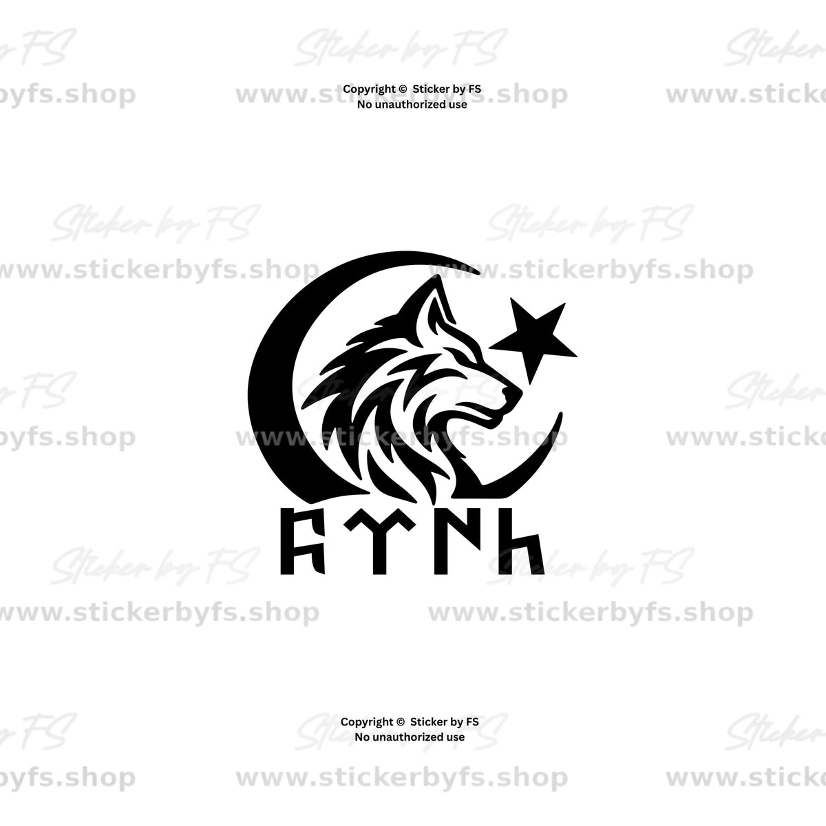 Schwarzer Bozkurt mit Halbmond, Stern und vier Schriftzeichen auf weißer Produktkarte; Shoplogos und Shoplinks liegen über dem Motiv.