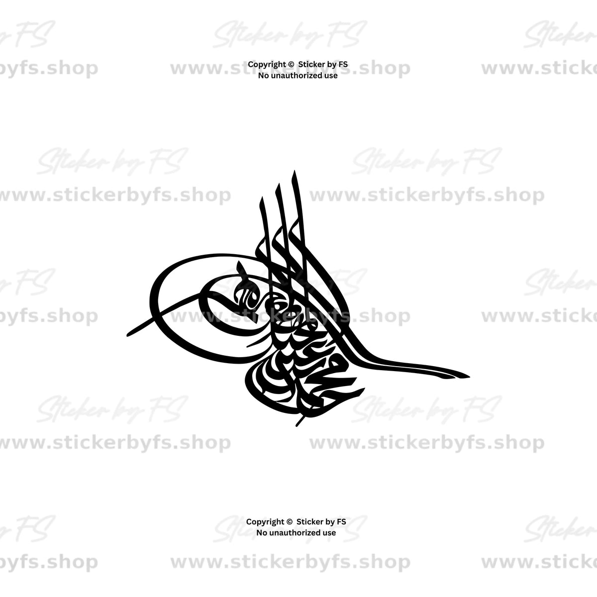 Schwarze Osmanlı Tuğrası mit drei hohen Linien und weiten Bögen auf Weiß; Sticker-by-FS-Logos und Shoplinks liegen über der Kalligrafie.