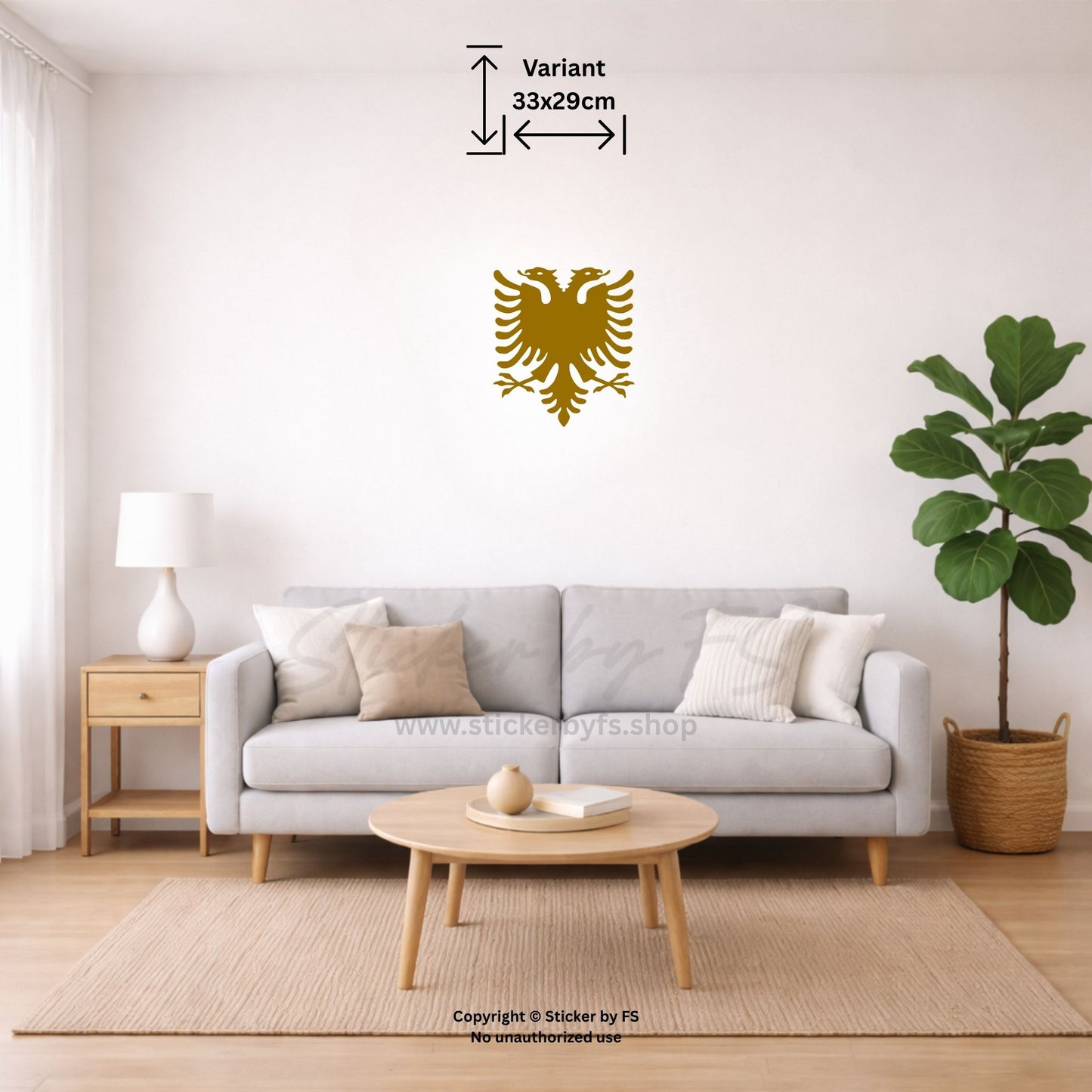 Goldenes Albanien Wandtattoo mit Adler-Motiv an heller Wohnzimmerwand – eleganter Deko-Wandaufkleber für edle Raumgestaltung