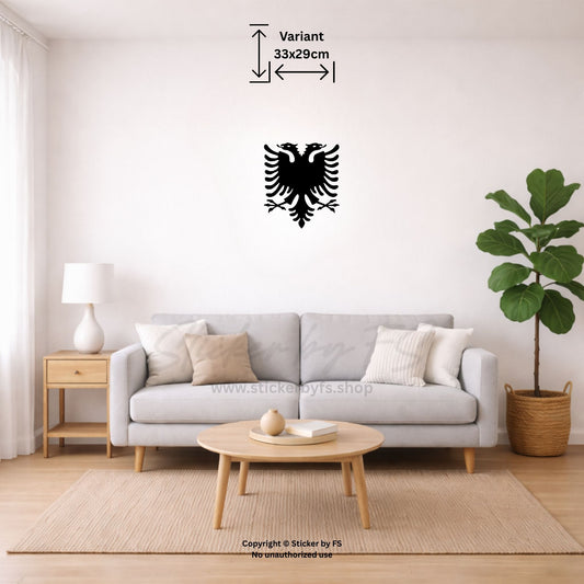 Schwarzes Albanien Flagge Wandtattoo mit Doppeladler über beigem Sofa im Wohnzimmer – moderner Wandsticker für stilvolle Wohnräume