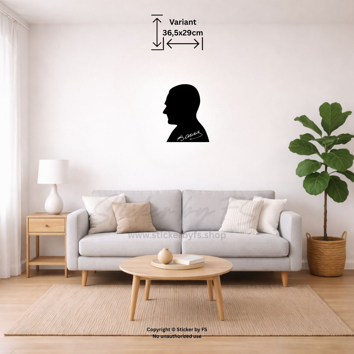 Schwarzes Kemal Atatürk Wandtattoo als markante Silhouette über beigem Sofa im Wohnzimmer – dekorativer Wandsticker für moderne Räume