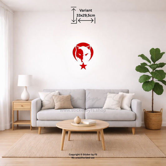 Rotes Ay Yildiz Bozkurt Wandtattoo an heller Wohnzimmerwand im kleinen Raum-Mockup – dekorativer türkischer Wandaufkleber mit Bozkurt sowie Ay Yildiz Symbol für auffällige Innendekoration