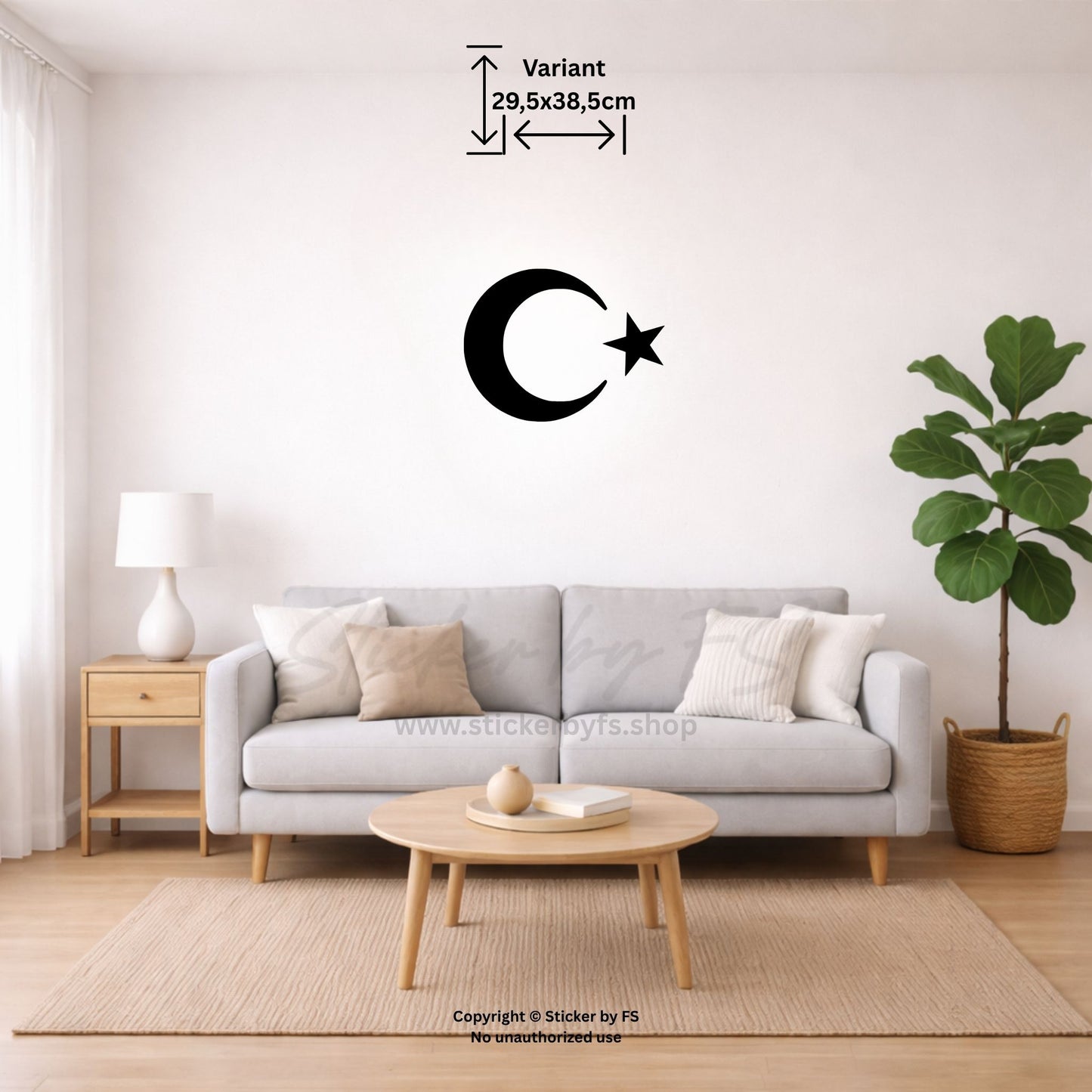 Ay Yildiz Wandtattoo in Schwarz als großes Halbmond-Stern Motiv über dem Sofa im modernen Wohnzimmer – türkischer Wandsticker für stilvolle Wanddeko im Wohnbereich