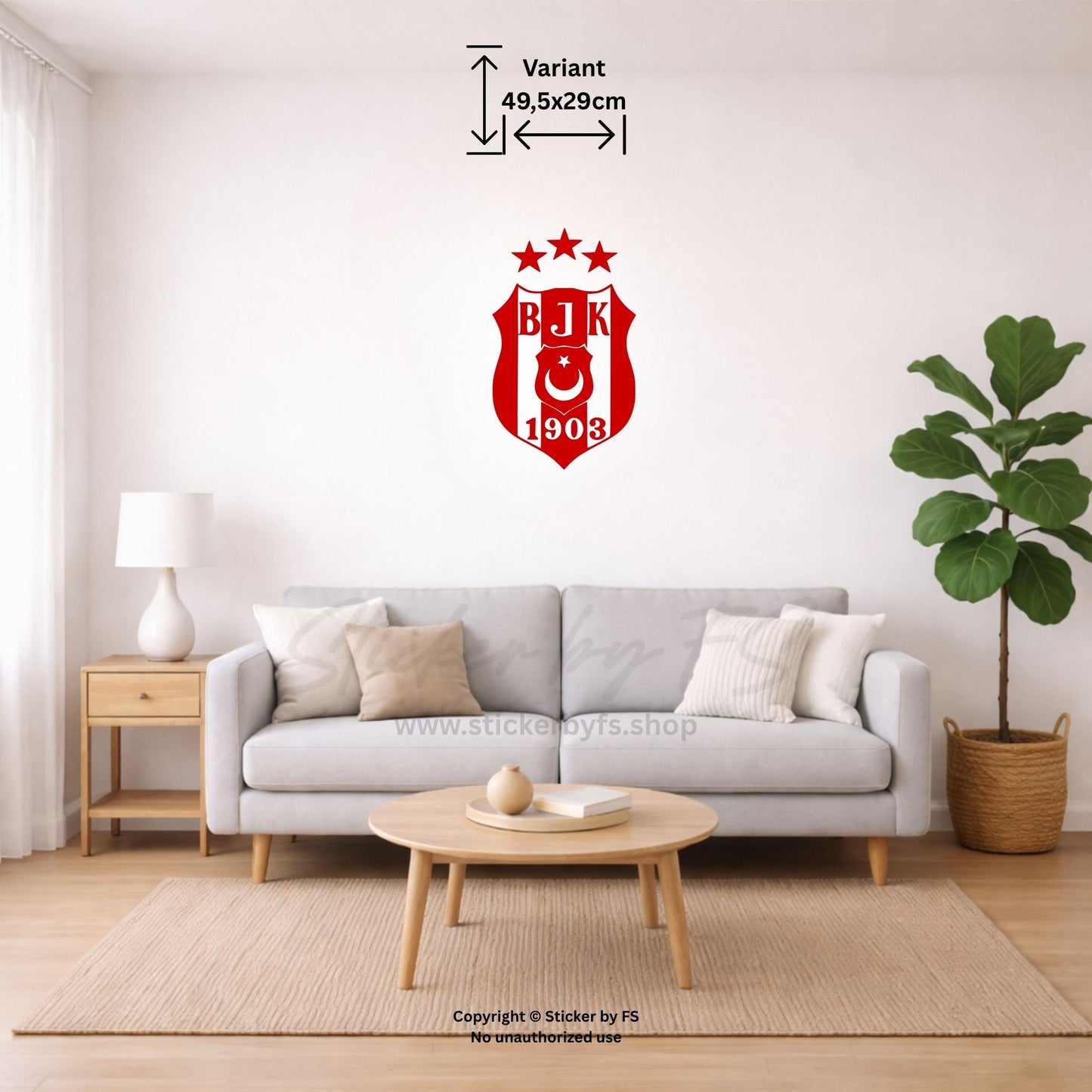 Rotes Besiktas Wandtattoo an heller Wohnzimmerwand im kleinen Raum-Mockup – türkischer Fußball Wandsticker als auffällige Fan Deko für innen