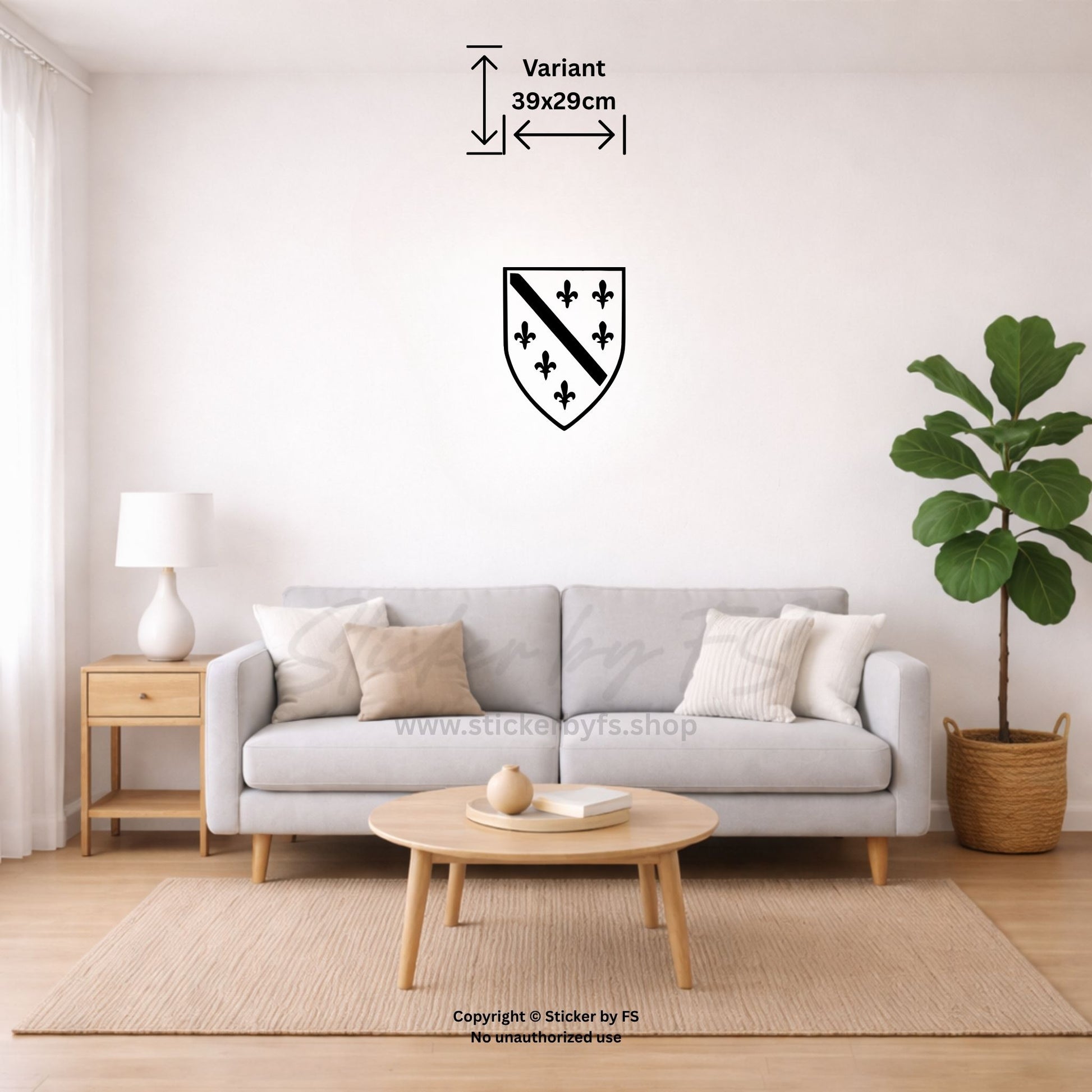 Schwarzes Bosnien Wandtattoo mit Wappen-Design über beigem Sofa im Wohnzimmer – dekorativer Wandsticker für moderne Wohnräume
