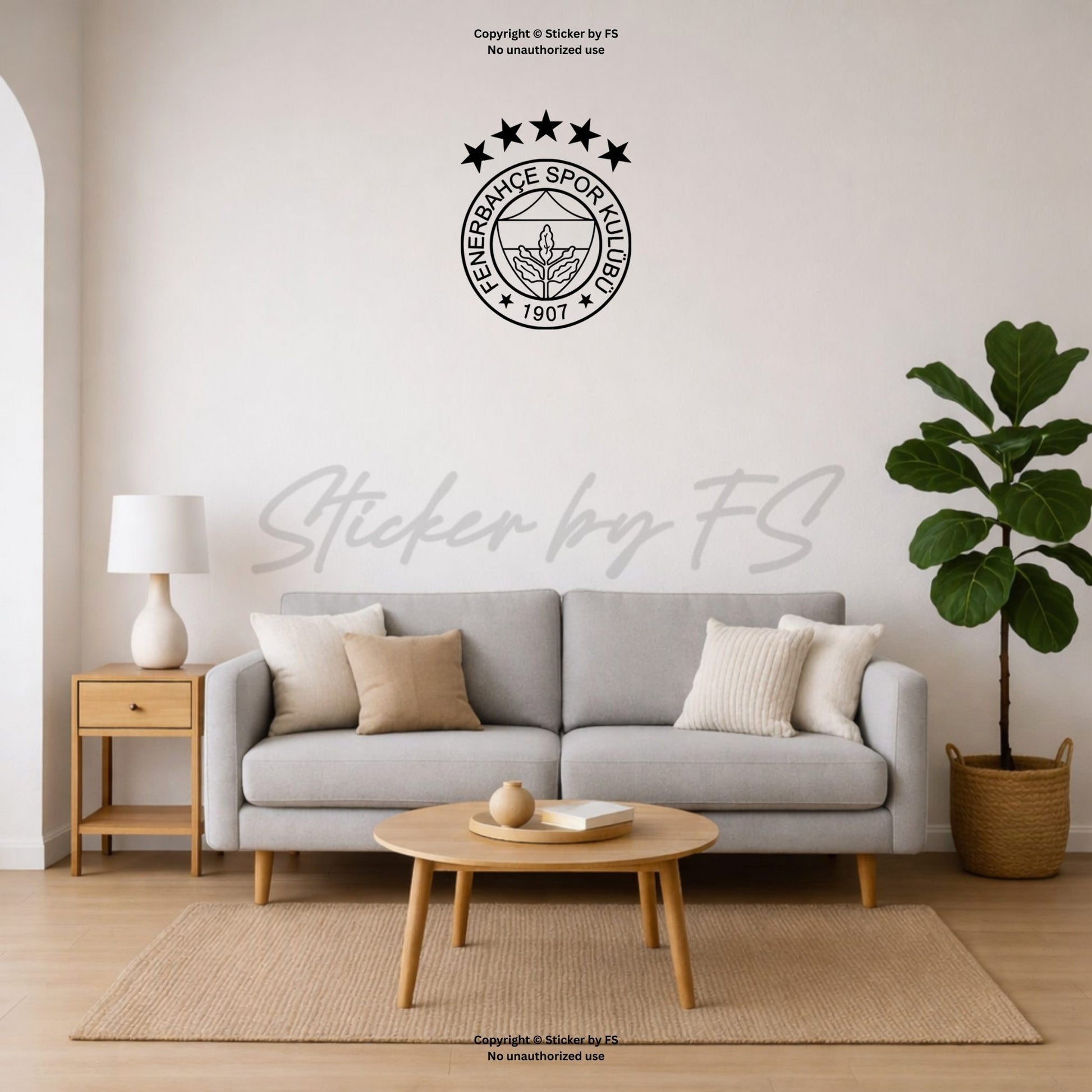 Fenerbahce Wandtattoo in Schwarz als großes Vereinsmotiv über dem Sofa im modernen Wohnzimmer – türkischer Wandsticker mit Fenerbahce Logo für stilvolle Fan-Deko im Wohnbereich