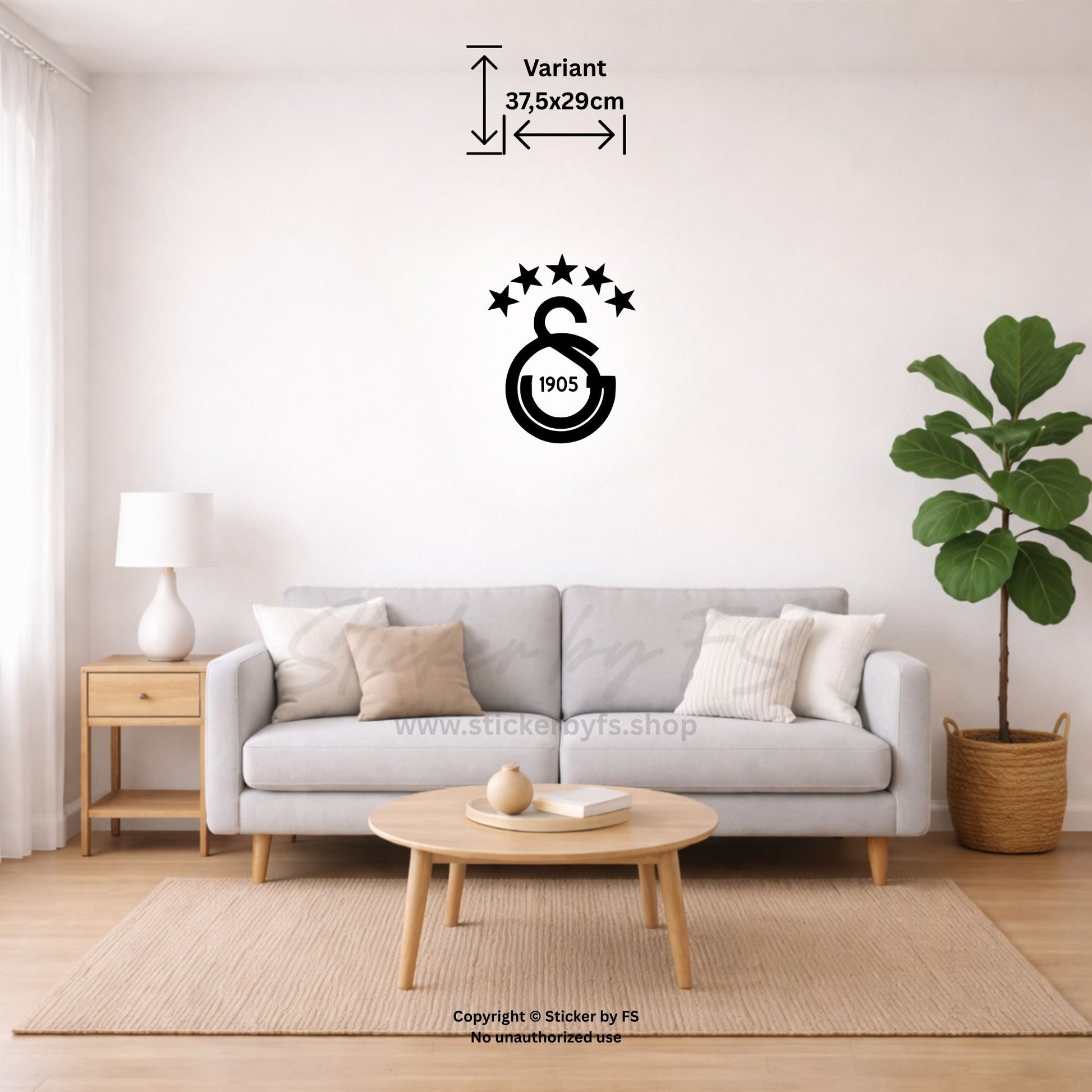 Galatasaray Wandtattoo in Schwarz als Vereinslogo über dem Sofa im hellen Wohnzimmer – türkischer Wandsticker für moderne Fan-Deko an der Innenwand