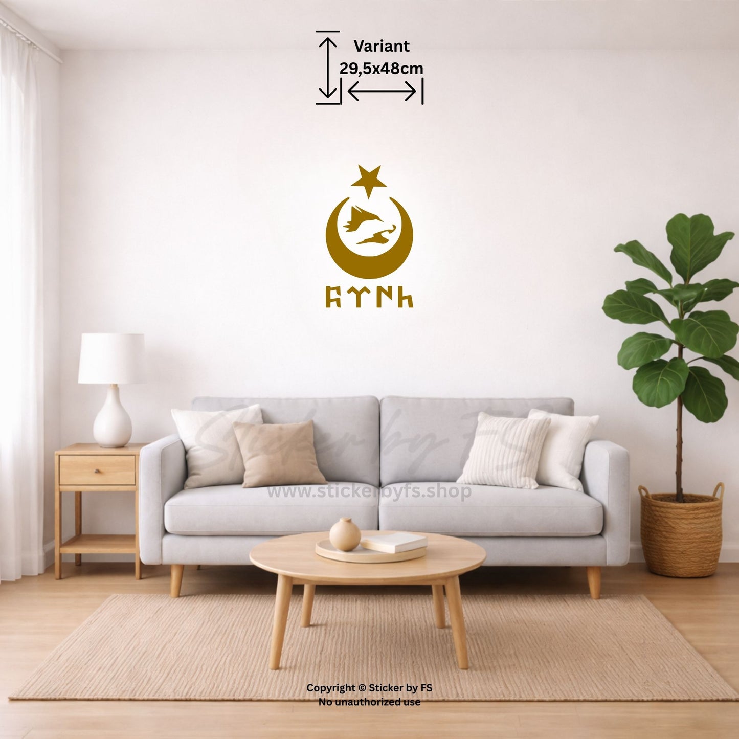 Göktürkçe Ay Yildiz Bozkurt Wandtattoo in Gold als großes Statement-Motiv über dem Sofa im modernen Wohnzimmer – türkischer Wandsticker mit Bozkurt und Ay Yildiz Design für stilvolle Fan Deko