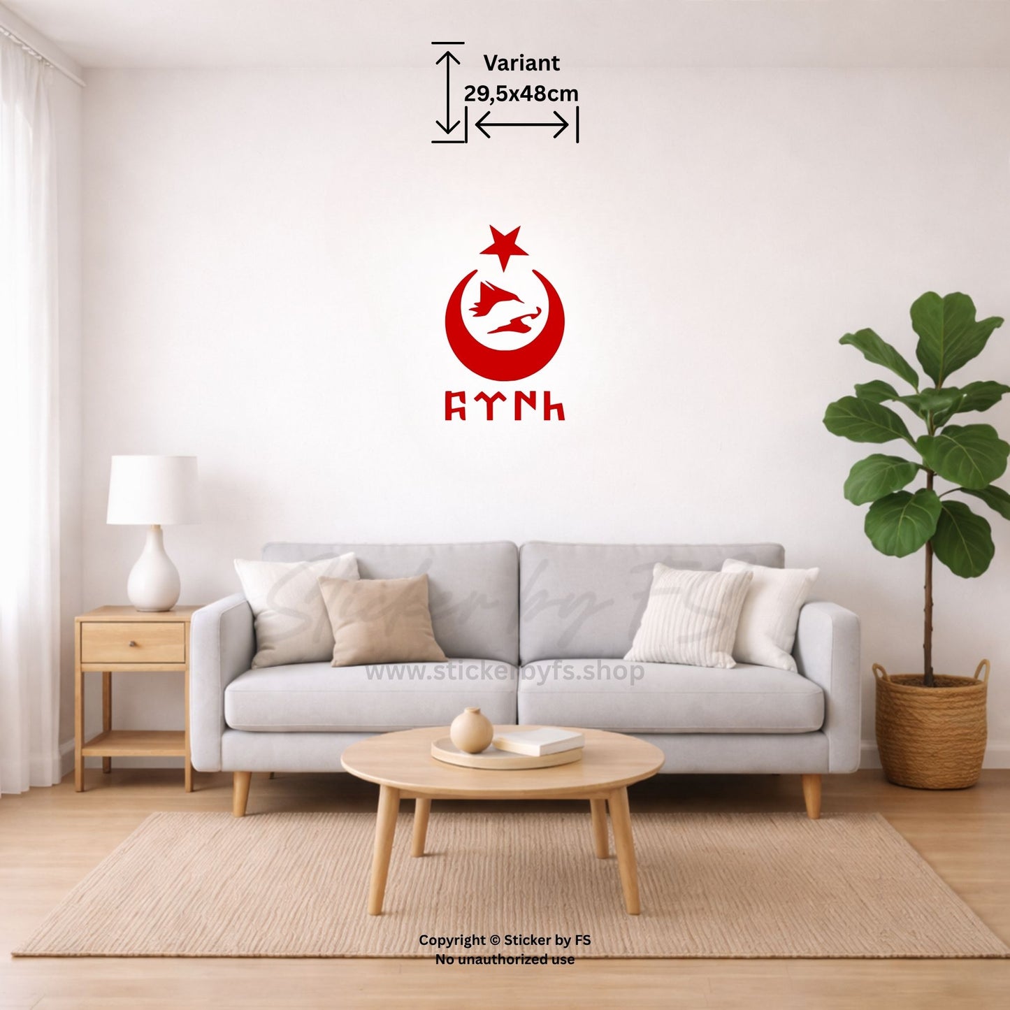 Rotes Göktürkçe Ay Yildiz Bozkurt Wandtattoo an heller Wohnzimmerwand im kompakten Raum-Mockup – auffälliger türkischer Wandaufkleber mit markantem Bozkurt Motiv für Wohnbereich oder Hobbyraum