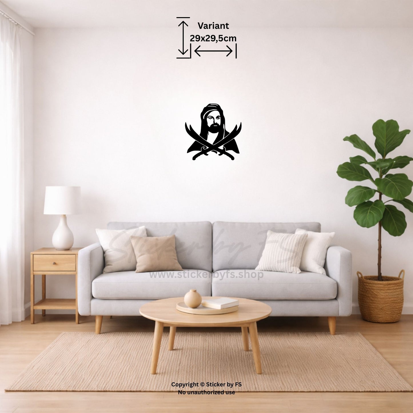 Schwarzes Hz. Ali Wandtattoo mit islamischem Motiv über beigem Sofa im Wohnzimmer – dekorativer Wandsticker für moderne Wohnräume