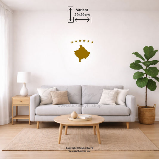 Goldenes Kosovo Wandtattoo an heller Wohnzimmerwand – edler Deko-Wandsticker für stilvolle Wohnräume