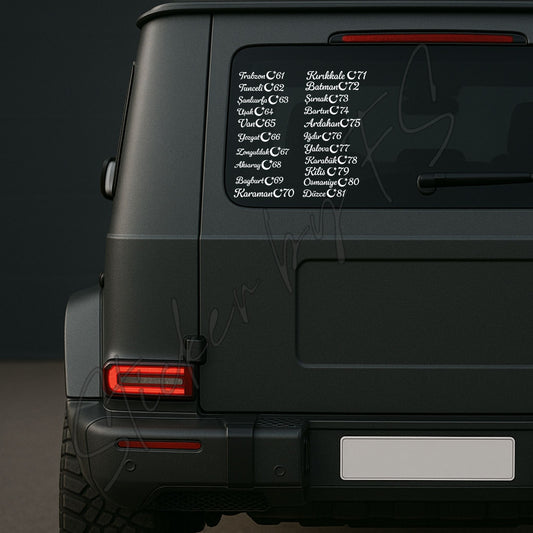 Memleket Plaka Sticker Aufkleber Autosticker Carsticker 61 Trabzon, 62 Tunceli, 63 Şanlıurfa, 64 Uşak, 65 Van, 66 Yozgat, 67 Zonguldak, 68 Aksaray, 69 Bayburt, 70 Karaman, 71 Kırıkkale, 72 Batman, 73 Şırnak, 74 Bartın, 75 Ardahan, 76 Iğdır, 77 Yalova, 78 Karabük, 79 Kilis, 80 Osmaniye, 81 Düzce