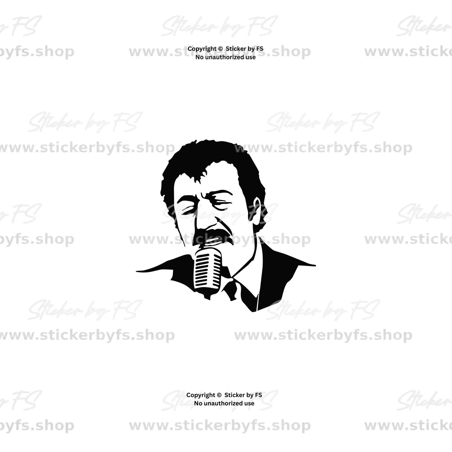 Vorschaubild des weißen Müslüm Gürses Stickers mit Mikrofon auf einer grauen Fahrzeugkarosserie und Größenangabe 13 × 14 cm