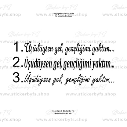 Üşüdüysen gel gençliğimi yaktım türkischer Schriftzug Sticker Vorschau mit drei Schriftarten für Auto Heckscheibe Motorrad und Fahrzeugbeschriftung