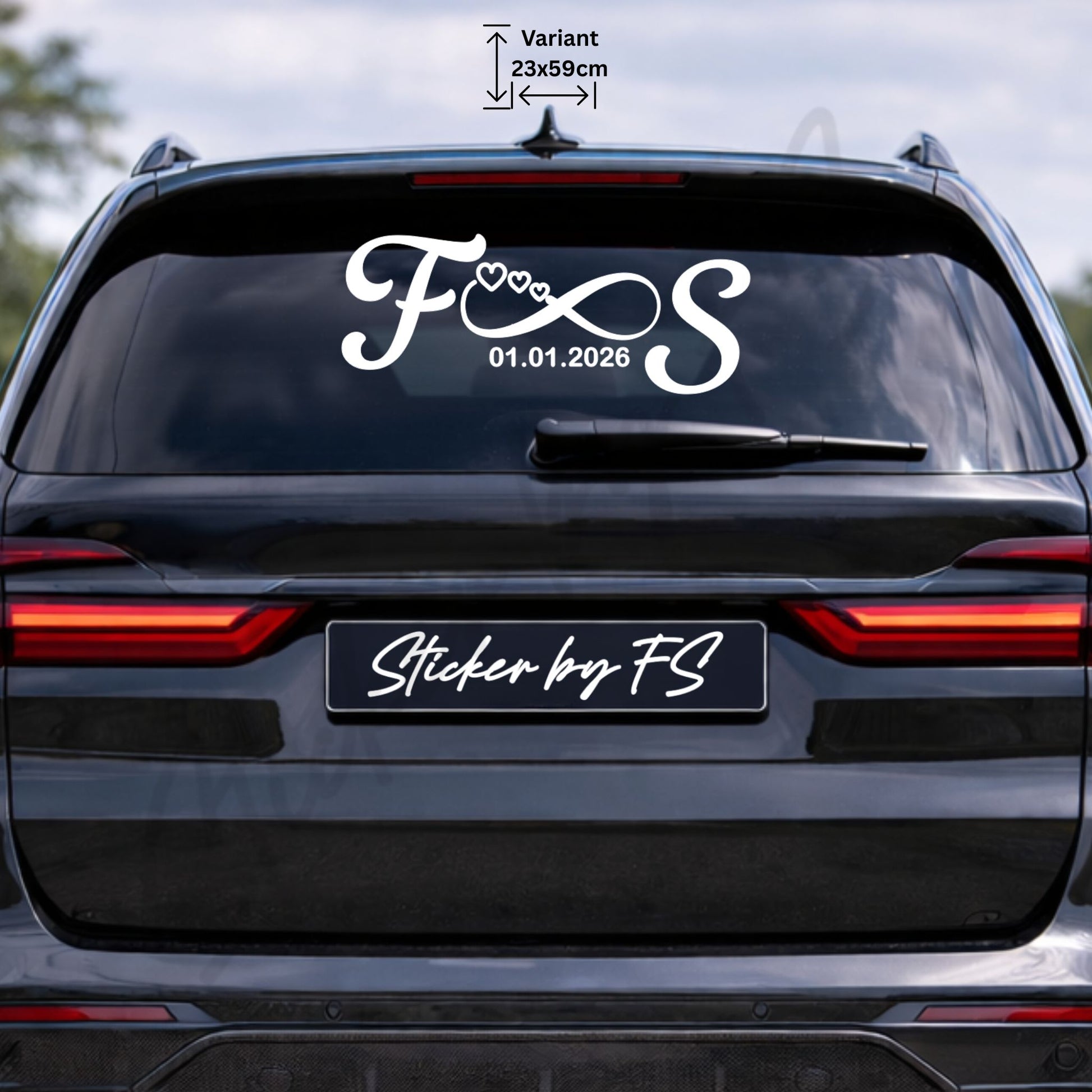 Personalisierter Hochzeitssticker für Auto Heckscheibe mit Initialen und Unendlichkeitszeichen in eleganter Schrift
