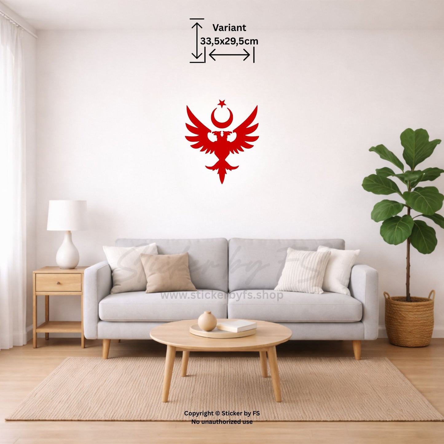 Rotes Selcuklu Wandtattoo an heller Wand im kleinen Wohnzimmer-Mockup – dekorativer türkischer Wandaufkleber mit auffälligem Selcuklu Motiv für moderne Innendekoration