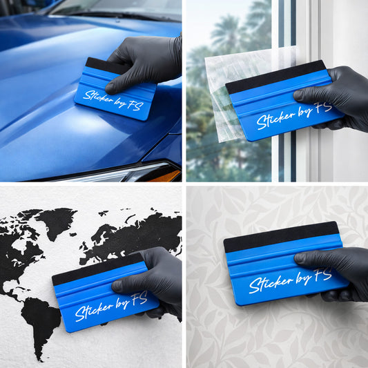 Blauer Filzrakel mit Filzkante von Sticker by FS – Montagewerkzeug für Vinylsticker und Folien, kratzfrei und blasenarm