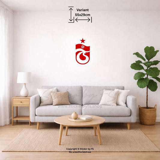 Trabzonspor Wandtattoo in Rot an heller Wohnzimmerwand im kleinen Raum-Mockup – auffällige türkische Fußball Wanddeko mit Vereinslogo für Trabzonspor Fans