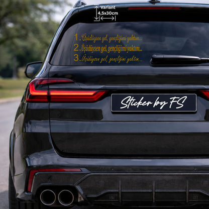 Goldener Üşüdüysen gel gençliğimi yaktım türkischer Autoaufkleber für Heckscheibe und Fahrzeugdesign