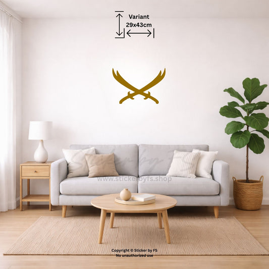 Goldenes Zülfikar Wandtattoo an heller Wohnzimmerwand – eleganter Wandaufkleber mit islamischem Schwertsymbol für stilvolle Raumdekoration