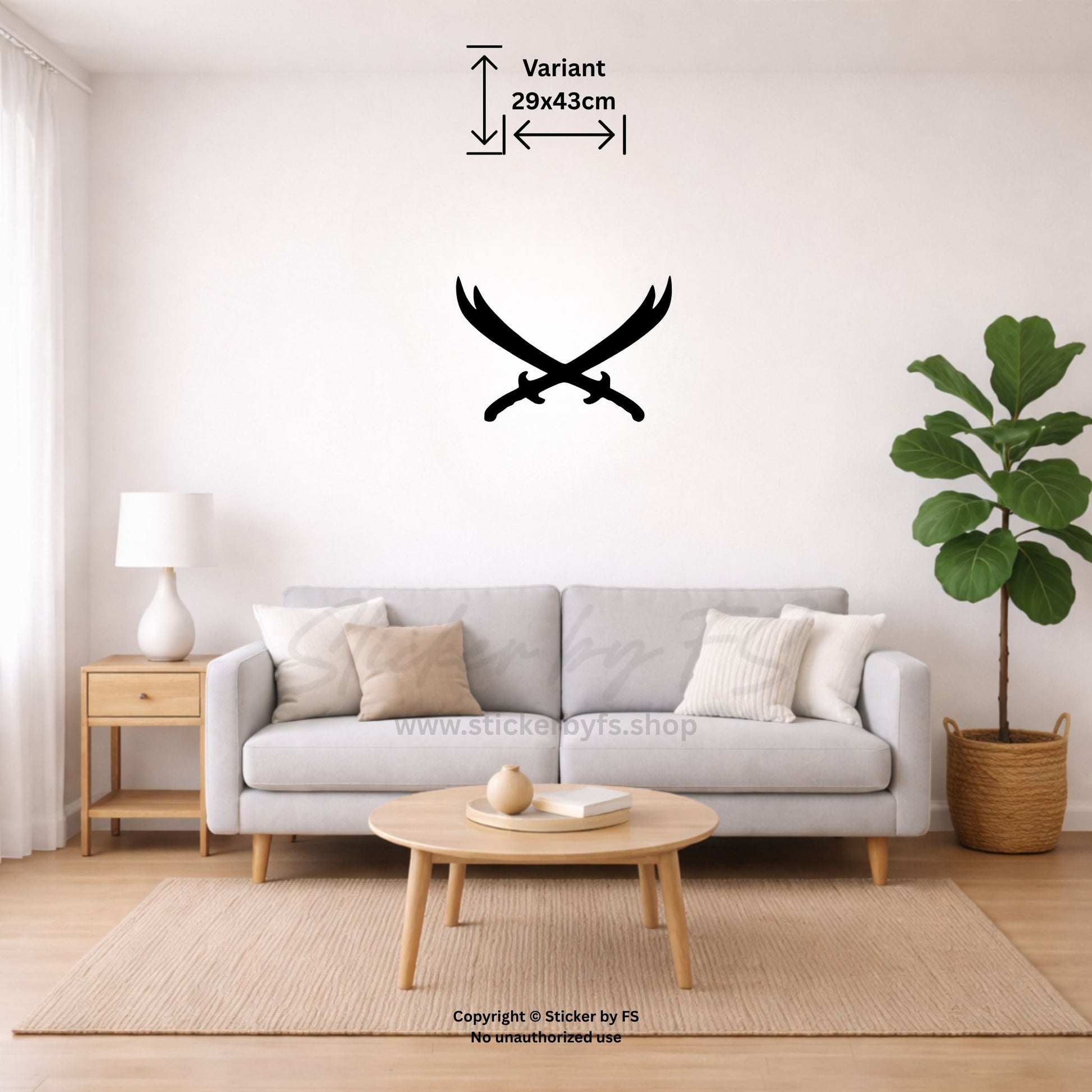 Schwarzes Zülfikar Wandtattoo mit markantem Schwertmotiv über beigem Sofa im Wohnzimmer – dekorativer Wandsticker für moderne Räume