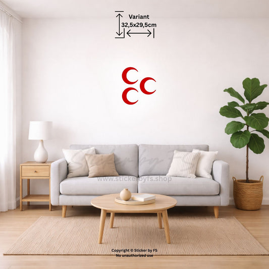 Rotes Üç Hilal Wandtattoo an heller Wohnzimmerwand im kleinen Raum-Mockup – dekorativer türkischer Wandaufkleber mit Üç Hilal Symbol für auffällige Innendekoration